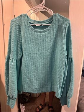 Kaktus Teal Textured Balloon Sleeve Sweatshirt